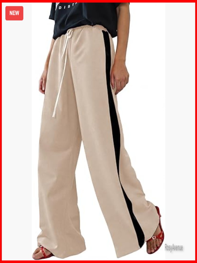 Wide Leg Palazzo Pants High Waisted Drawstring Casual Striped With Pockets
